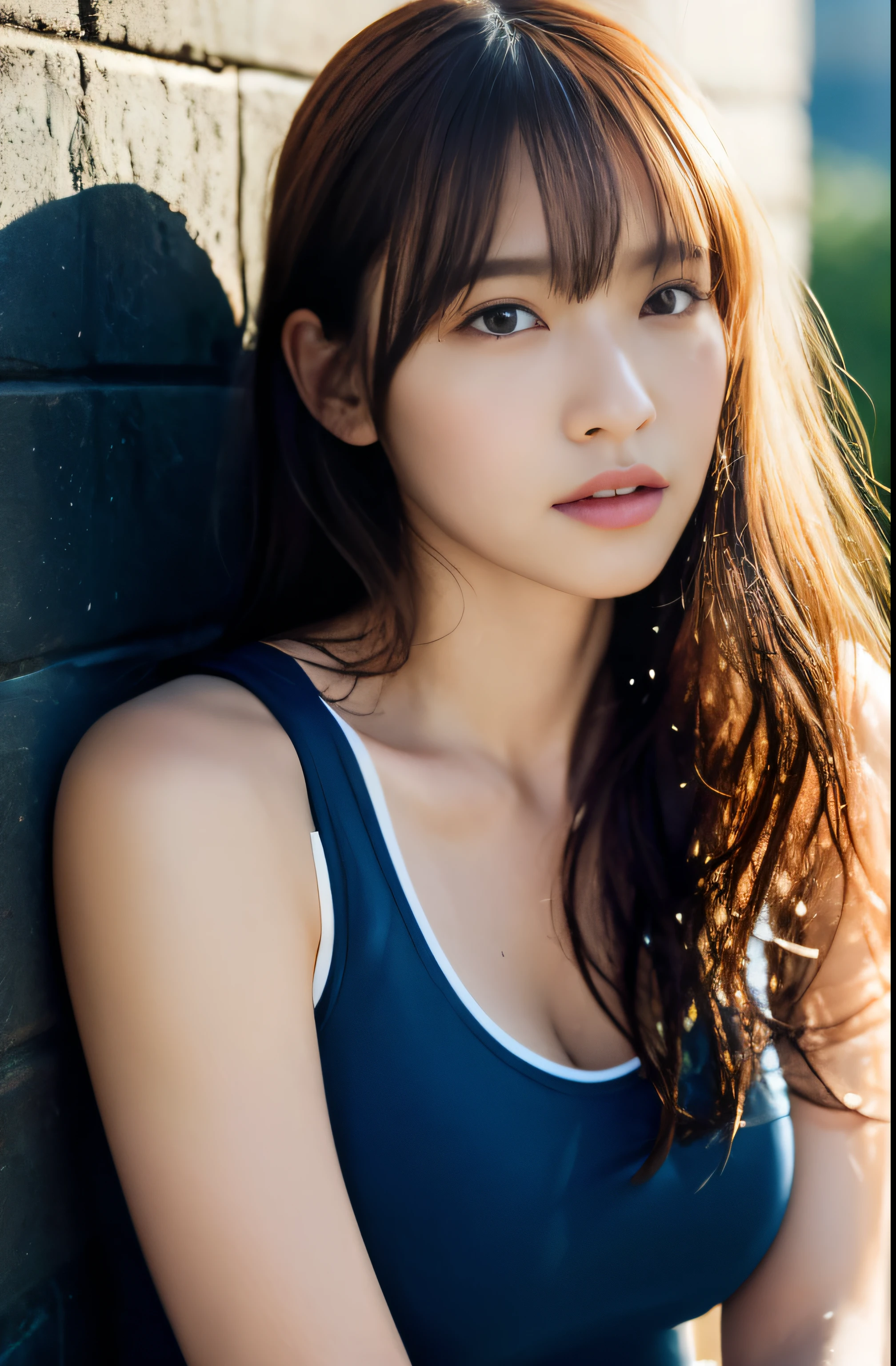 Photoreal、In 8K、RAW photo、masterpiece, highest quality, ultra high resolution, colorful, flat color 1 girl, Volleyball girls in the volleyball club、sweaty cheeks, fine texture、 fine texture of fabric、beautiful detailed face, Realistic skin wrinkles、adult atmosphere, exposed, wire-like delicate hair、blurred background, bangs、Sit leaning against the wall、rim light、If your clothes become wet and see-through due to excessive sweat