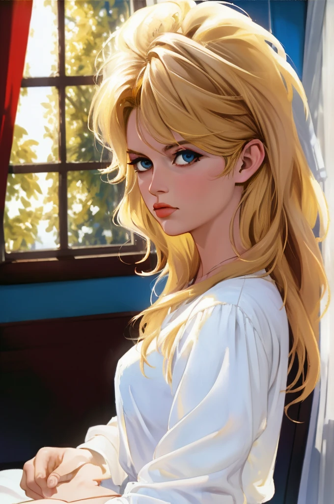 a Realistic Full Portrait of a bbardot woman with long blonde hair and dark eye makeup, Beautiful, Detailed face, Perfect Eyes, (highly detailed skin:1.1), ((wearing a white shirt)), sitting on a bed, window, curtains waving, sunny sky outside the window, (8K, best quality:1.2), (masterpiece:1.37), (photorealistic:1.2), (ultra realistic:1.2), (high contrast:1.1), (intense:1.1), (detailed:1.1), (perfect body:1.1), (dynamic pose:1.1), (highest quality, by Alessandro Casagrande, Greg Rutkowski, Sally Mann, concept art), (analog:1.2), (high sharpness), real shadow, 3d, (by Michelangelo), photographed by Canon EOS R6, 135mm, 1/1250s, f/2.8, ISO 400