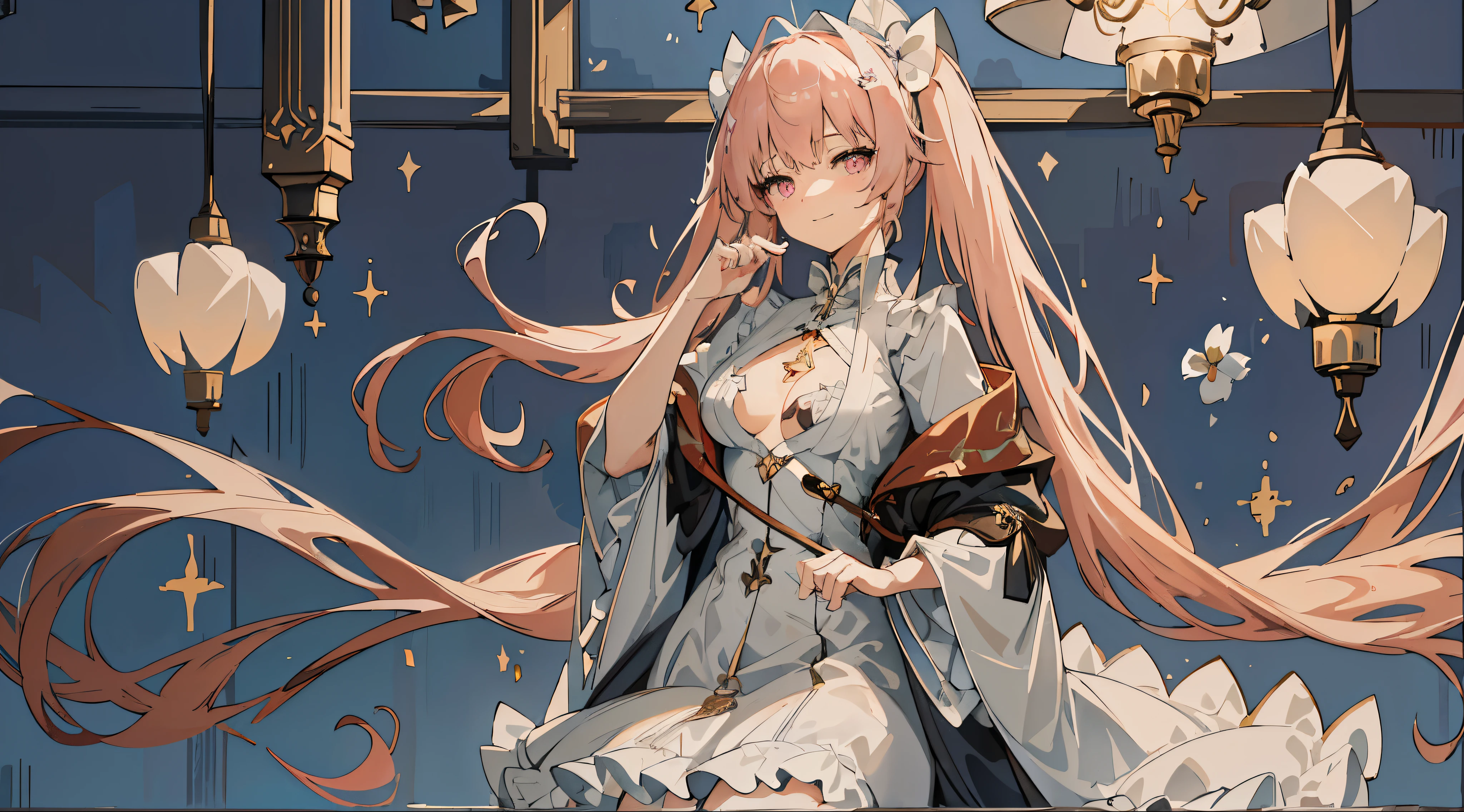 masterpiece, best quality, 8k resolution, sharp focus, intricate detail, beautiful girl, sparkling eyes, golden ratio face, otherworldly liquid, watercolor, pastel colors, bright colors, whimsical, colorful, sharp focus, high resolution, fine detail, ((layered tiered puffy long sleeves ballgown)), ((round eyes)), iridescent bubbles, fantasia background, perseusorigin, flowers, white_dress, angel_wings, white_legwear, cute, flowers, flower, pink flower, rose, anime wallpaper, hdx wallpaper, 1girl, dress, very long hair, solo, breasts, pink hair, smile, white dress, looking at viewer, cleavage, frills, frilled dress, pink eyes, bangs, wide sleeves