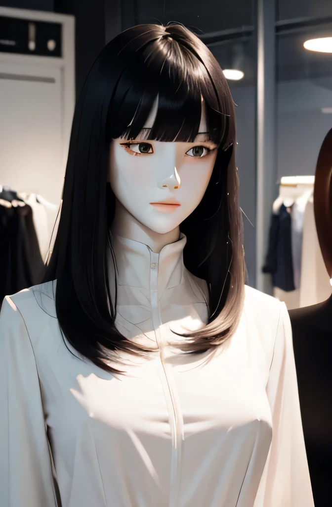 全身mannequin,そのmannequinは美しいです,あのmannequinは女子高生です,mannequinの身長は165cmです,mannequinの色&#39;my face is white.,mannequinの色&#39;The body is pure white.,mannequin has black hair( straight hair,bangs),mannequin has a long, thin face.,mannequinの色&#39;lips are light pink.,mannequin&#39;eye color is black,mannequin is caressing the computer.,mannequinはコートを着ています
