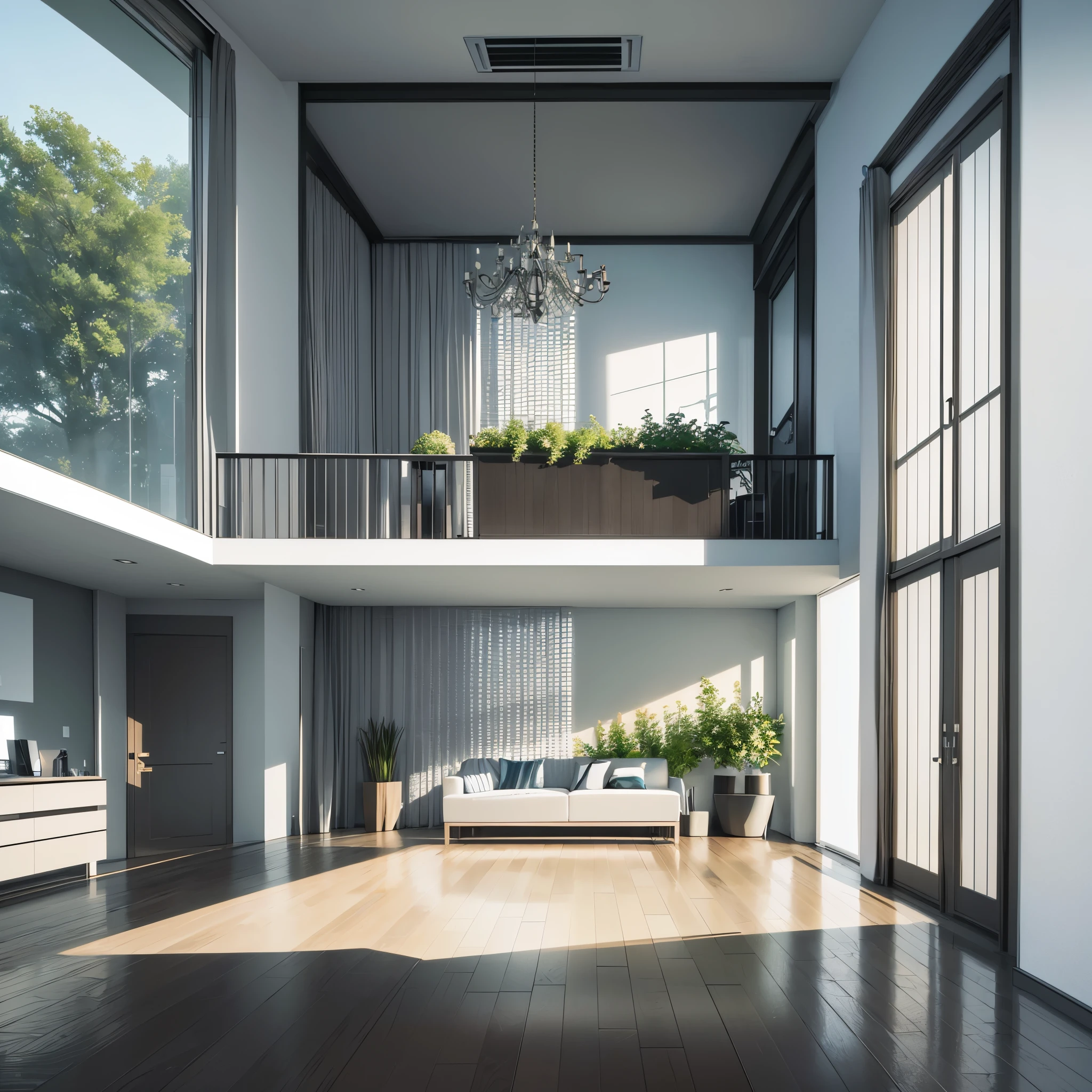 You are a famous interior designer、You have been asked to create a 3D image of a modern large room. Create a harmonious environment with modern and minimalist furniture. Including garden interior.