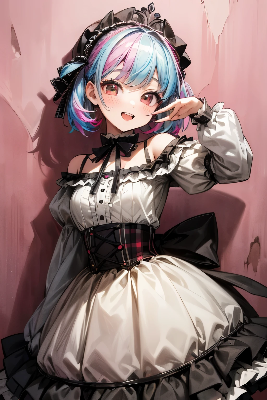 ((Masterpiece)), (best quality), cute , Plaid dress, (Off-Shoulder dress), hoop dress, tiara, (ta fashion), ((Vibrant Pose)), exposed bare shoulder and arms, lolityle, , cute smile, open mouth, pretty, , portrait of lolita g emo style, red checker, (against the Colorful pastel wall), ribbon belt, (Melted Chocolates walls),