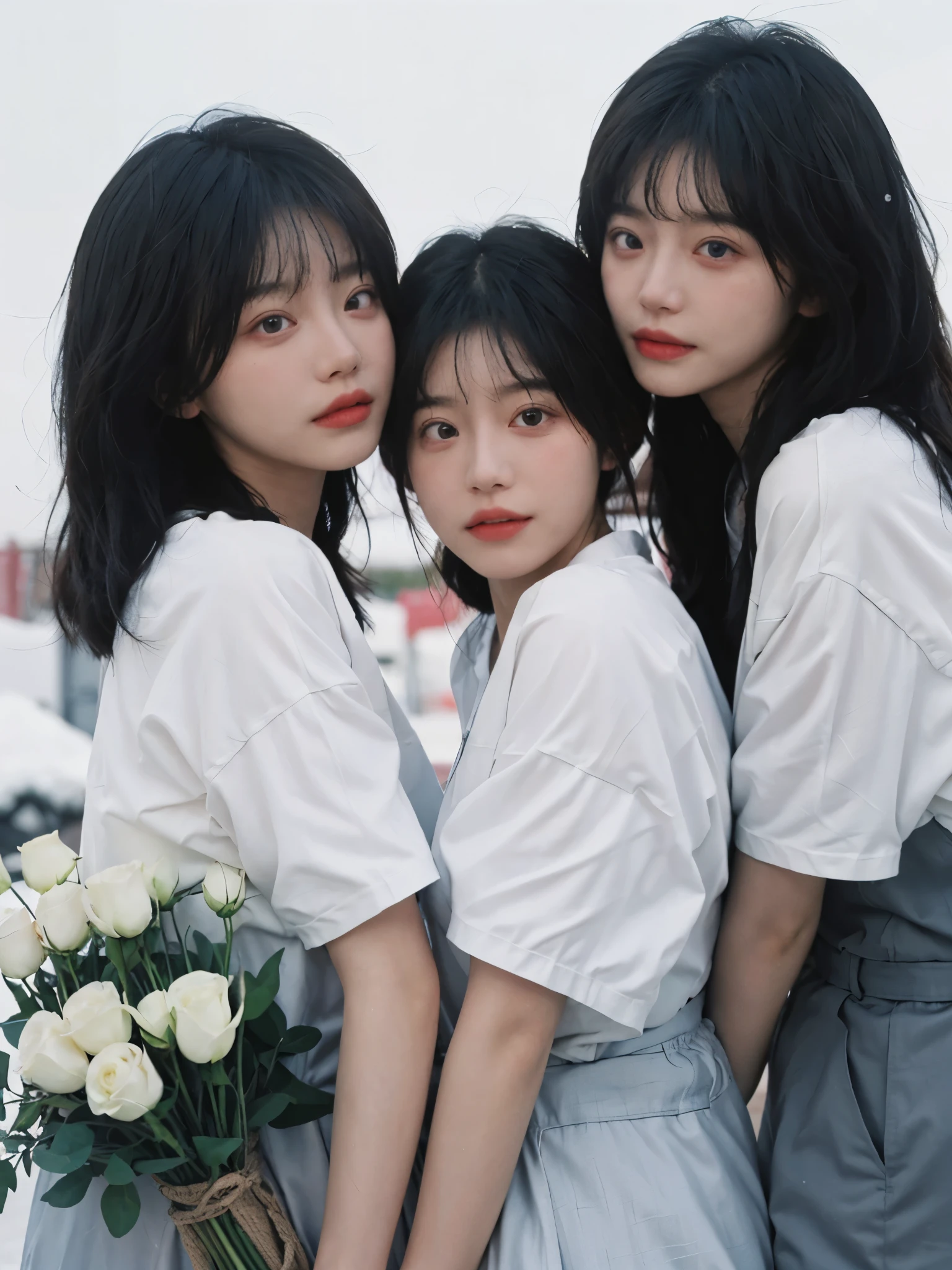 best quality， ultra high resolution， White background，16K，Simply cute，（realistically：1.4）， 2 girls， White short sleeves，twin，triplets，rain of roses，A pair of eyes as clear as snow,Royal sister，looking at the audience， close up ，