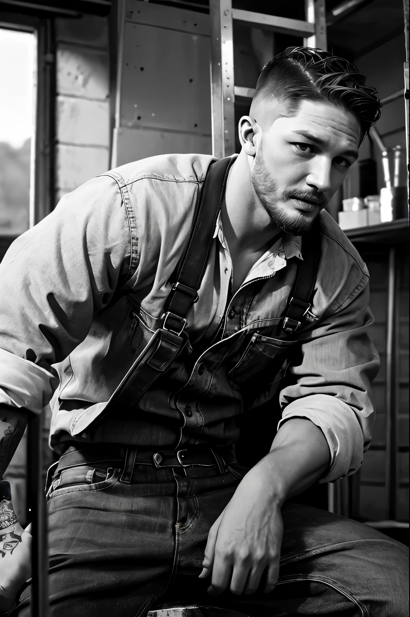 (Black and white photo), (Tom Hardy is repairing a car engine), his fair and smooth skin is flawless, his eyes are deep, his chin and face are smooth, his muscles are well-developed, he is not wearing a jacket, and his lower body is wearing jeans. (Round inch hairstyle: 1.34), his decisive style, sharp focus,
Movie lighting, background: workshop