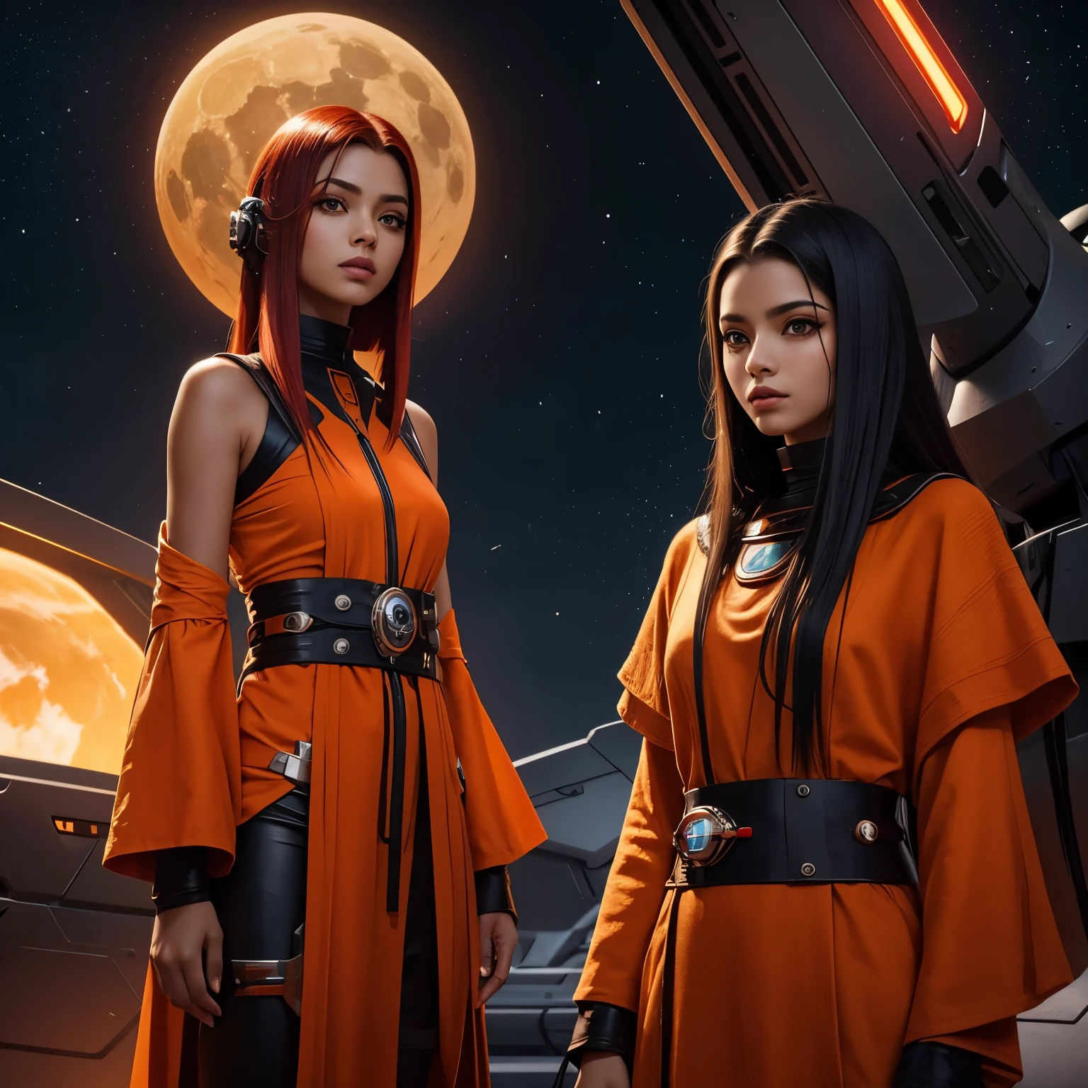 Lugar no futuro um fora da lei , com uma arma espacial,cabelo vermelho.olhos azuis.ORANGE HAAT,o resto da roupa preta