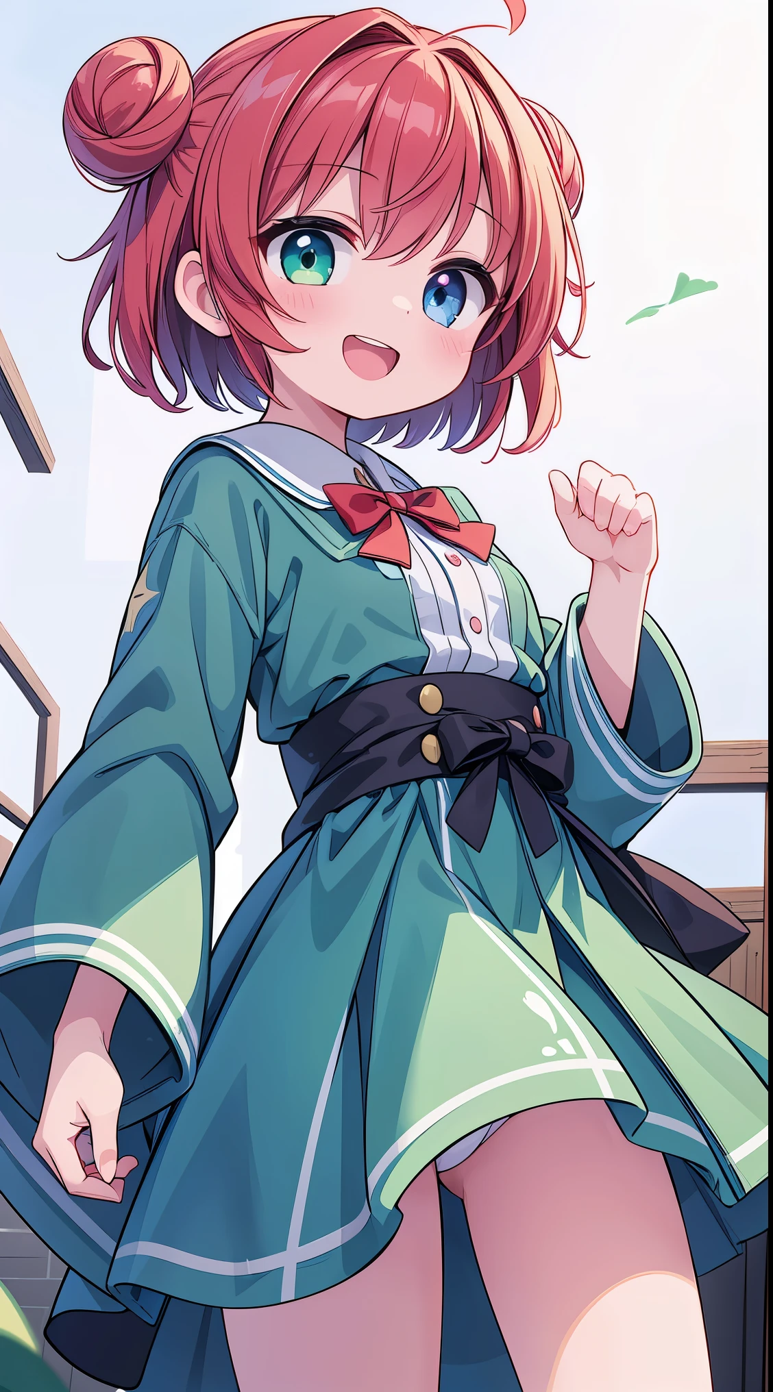 (super fine illustration:1.2),(masterpiece, 8k), (best quality, high quality:1.4), perfect anatomy, hyper detailed, ultra detailed,masterpiece background,beautiful detailed background, v8k wallpaper,perfect design,award-winning art,atmospheric,
BREAK, 1 beautiful girl, (kawaii:1.5), (Chibi: 0.8), (kawaii: 1.5), (: 0.5), ( girl), BREAK(Red hair, short-hair,Two buns hair:1.4),(:D,grin:1.3),( Heterochromia,The blue eyes,The green eyes, Eye Highlights,The first hyperfine stars:1.45), star the eye silhouette thick eyelashes, naked double eyelids:1.2),(de pele branca), (The best smile,:D:1.45),
BREAK, Fantasy world city floating high in the fantastic sky,BREAK, (coat:1.1),Yamanote line, (:1.2),
BREAK,wakame,wakame,wakame,(Cowboy Shot,from below:1.4),
BREAK,(Blurry background:1.3),(absurderes, hight resolution, Super Detail Art),cel shading,Clear Color, Lonely optical effect, Beautiful pictures, Bright glow, mystic atmosphere,(Close-up of girl:1.1), Mystical light particle effect,manga influence, clean line drawings,