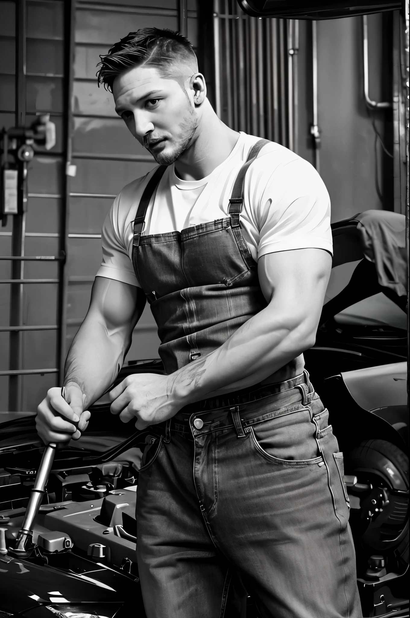 (Black and white photo), (actor Tom Hardy repairing a car engine), his fair and smooth skin is flawless, his eyes are deep, his chin and face are smooth, his muscles are well-developed, and he doesn't have a top. He wears jeans on his lower body (round inch hairstyle: 1.34), actor Tom Hardy, actor Tom Hardy, his decisive style, sharp focus,
Movie lighting, background: workshop