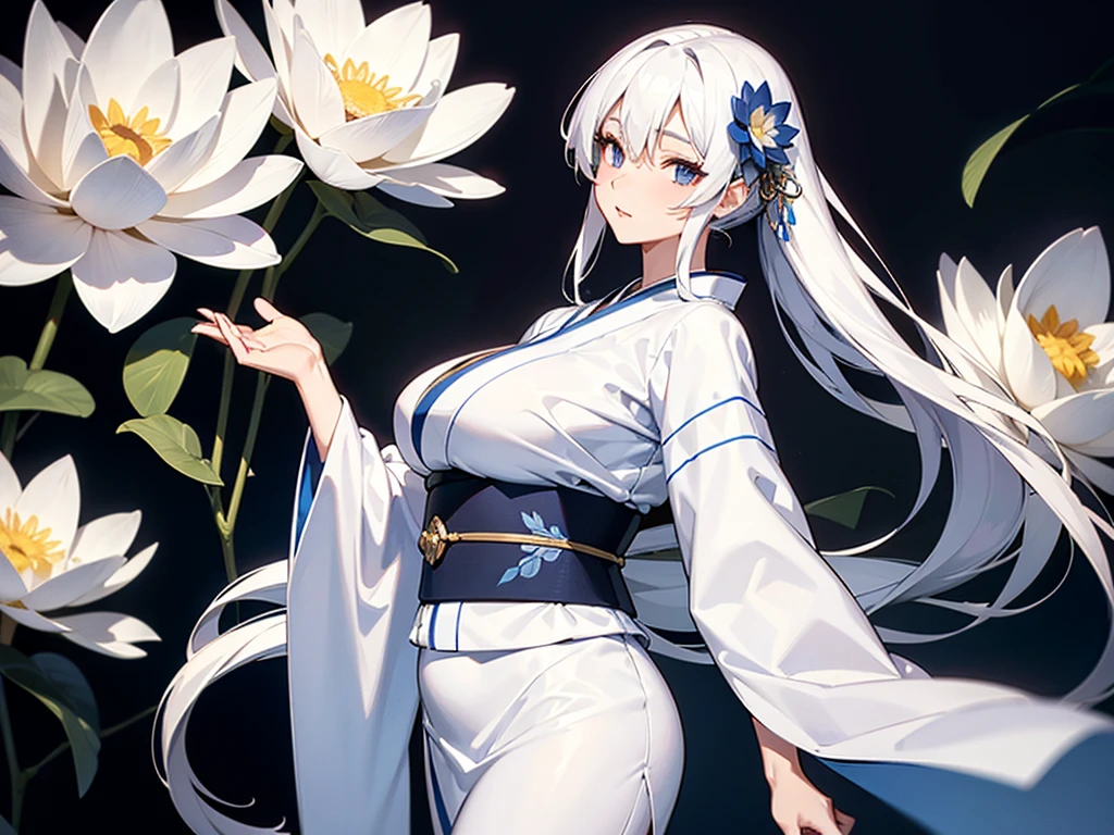 mature woman, long white straight hair, wearing a beautiful white kimono with blue flower pattern, looking sideways, big breasts, slightly open kimono to reveal breasts, 4k, masterpiece, high detail, black lotus background, 