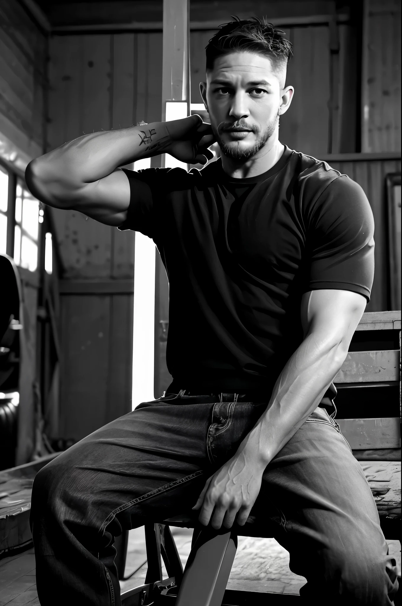 (Black and white photo), (actor Tom Hardy repairing a car engine), his fair and smooth skin is flawless, his eyes are deep, his chin and face are smooth, his muscles are well-developed, and he doesn't have a top. He wears jeans on his lower body (round inch hairstyle: 1.34), actor Tom Hardy, actor Tom Hardy, his decisive style, sharp focus,
Movie lighting, background: workshop