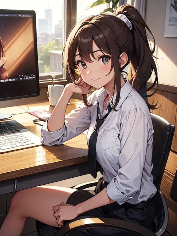 A brown ponytail OL operating a laptop,illustration,pencil sketch,digital artwork:1.1,professional,polished,ultra-detailed,colorful,studio lighting,soft pastel style,vivid colors,warm tones,lively expressions,focused gaze,meticulously crafted,elegant posture,modern office setting,subtle highlights,long wavy hair,office supplies on the desk,high-quality rendering,realistic texture,expertly shaded,sharp focus,smooth edges,comfortable environment,bright and inviting ambiance,warm sunlight streaming through the window,relaxing atmosphere,serene facial features,confident smile,desktop computer in the background,keyboard and mouse,coffee cup,inspiring surroundings,productive work environment.