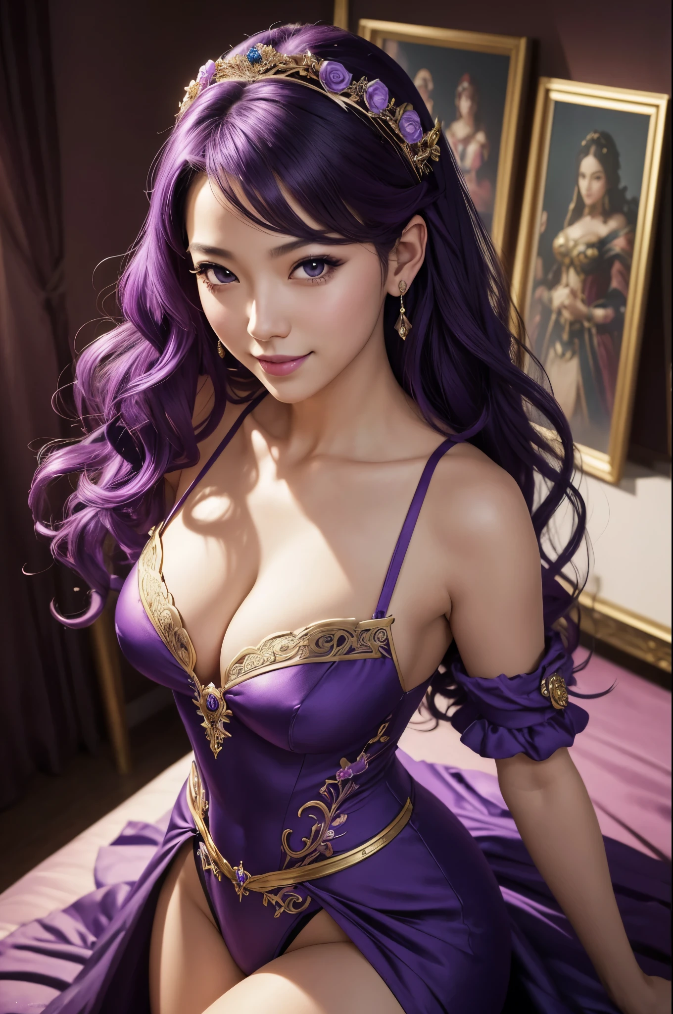 8K,豪華な紫色のQueenのSexy衣装を着てポーズをとるアラハドの女性, 大きな胸を持つQueen,Super beautiful(Like the real thing),Sexy,bright purple curly hair,beautiful purple eyes,purple lipstick,rose flower headband,Highly detailed ArtGerm, wallop and art germ, style art germ, in the style art germ, Style Ivan Talavera and Artgerm, As seen on Art Germ, 8K high quality detailed art, ! dream art germ,Sexy衣装,turn your gaze to seduce the viewer,cool smile,Queen'elegance,fantasy art,character art,accurate heraldic work,seductive pose,perspective from above,