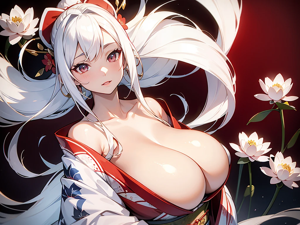 mature woman, long white straight hair, wearing a beautiful white and red kimono with blue flower pattern, looking sideways, big breasts, slightly open kimono to reveal breasts, 4k, masterpiece, high detail, lotus background,