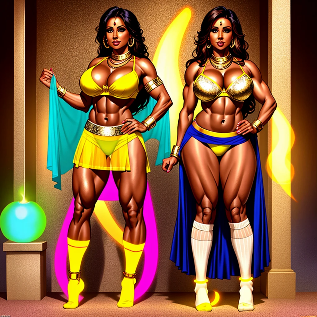 full body wide shot, 1female, 50-year-old, indian, bimbo, ifbb, open top, (sheer skirt), gold bra, (glowing stirrup socks), long hair, dark skinned