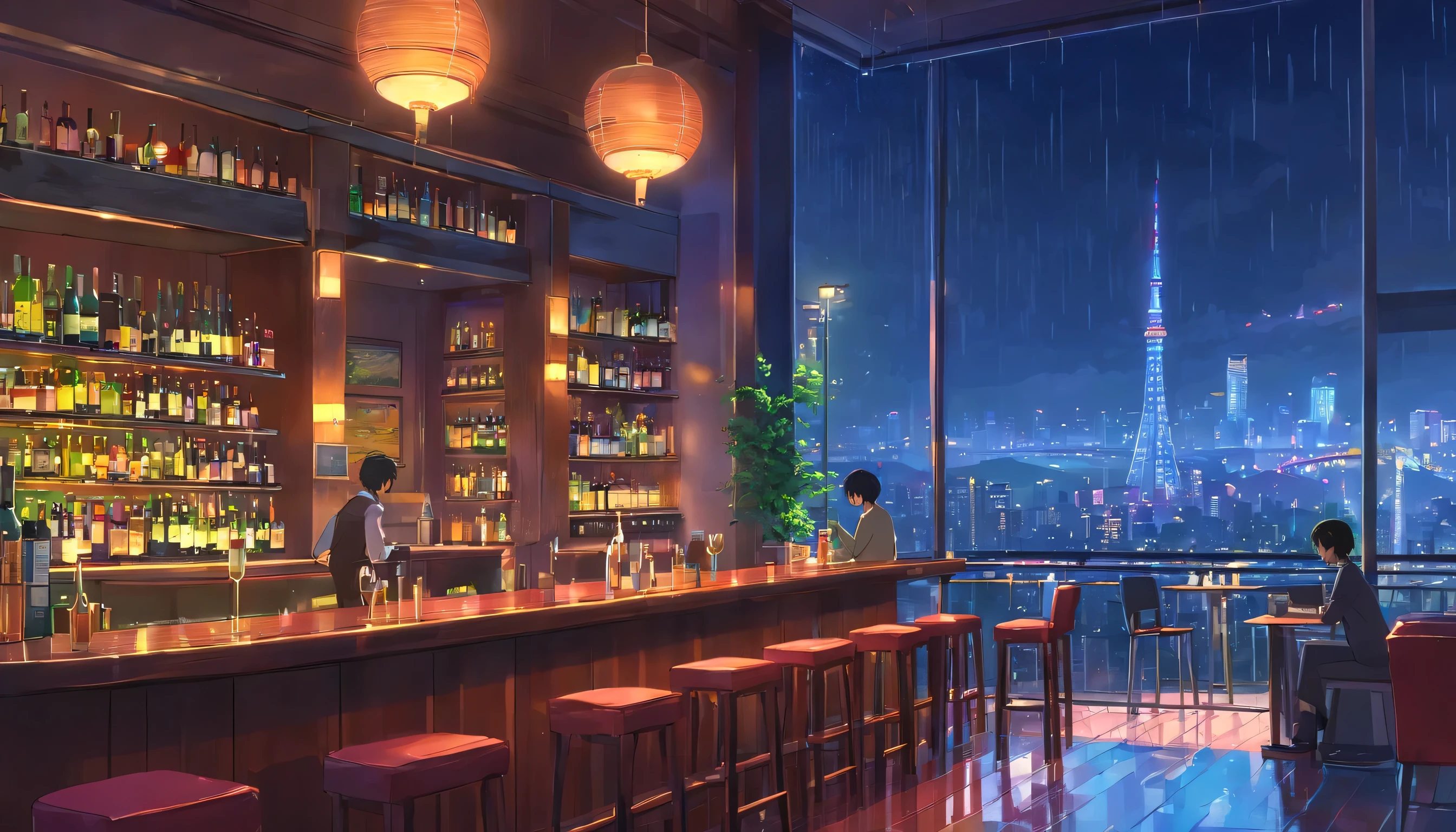 unmanned, night, rain, tokyo, cozy bar, large window overlooking beautiful city scenery, (staring at the scenery), whisky, wine, jazz vibes