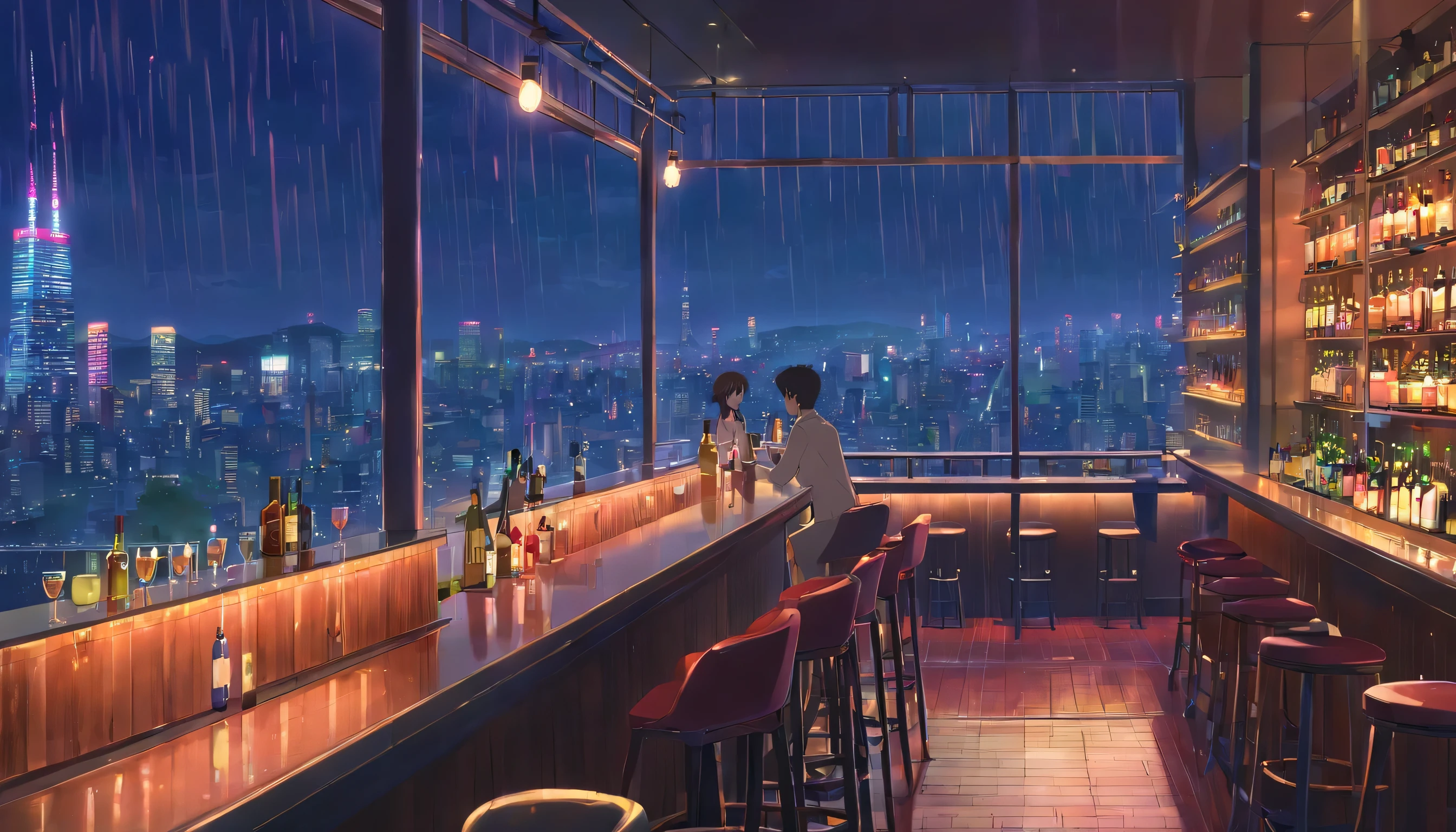 unmanned, night, rain, tokyo, cozy bar, large window overlooking beautiful city scenery, (staring at the scenery), whisky, wine, jazz vibes