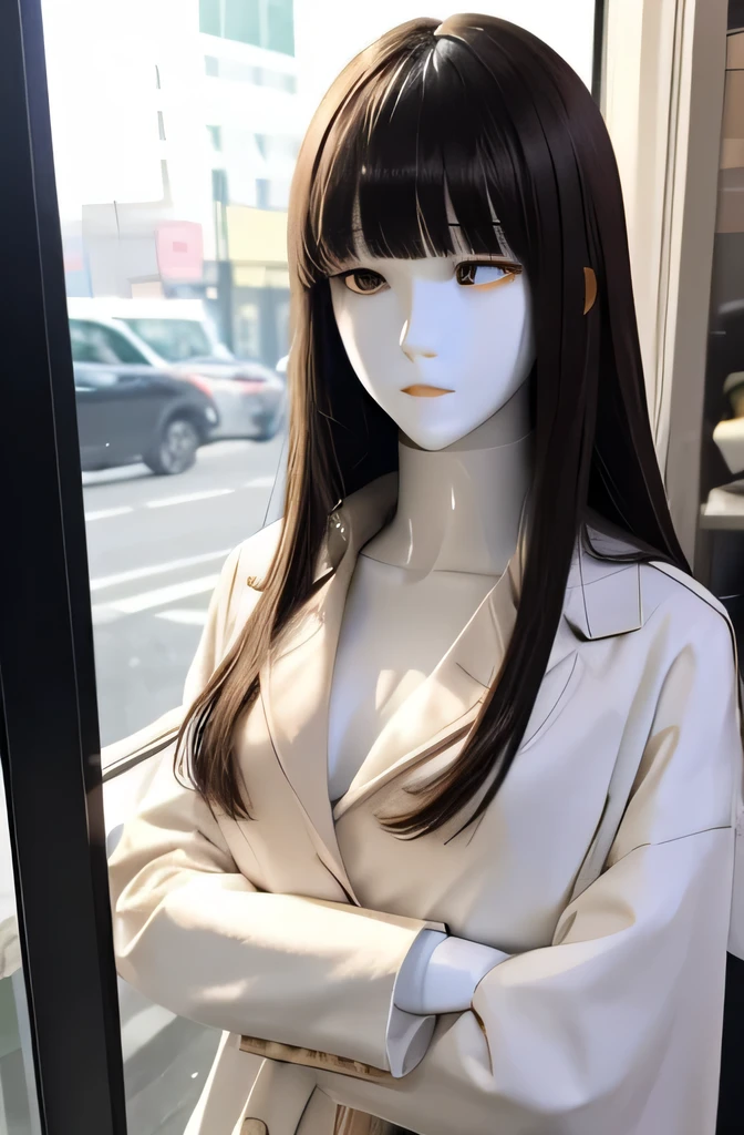 全身mannequin,そのmannequinは美しいです,あのmannequinは女子中学生です,mannequinの身長は165cmです,mannequinの色'my face is white.,mannequinの色'The body is pure white.,そのmannequinは茶色の髪をしています( straight hair,length to neck,bangs),mannequin has a long, thin face.,mannequinの色'lips are light pink.,mannequin'eye color is black,mannequin is stroking the window.,mannequinはコートを着ています