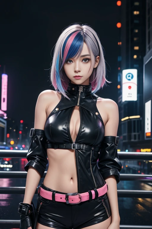 portrait, 1 girl, beautiful face, asymmetrical hair, multi-colored hair, belt, bodysuit, covered mouth, covered navel, detached sleeves, grey eyes, hip vent, open jacket, cute, look at viewer, night city, neon, rainy,