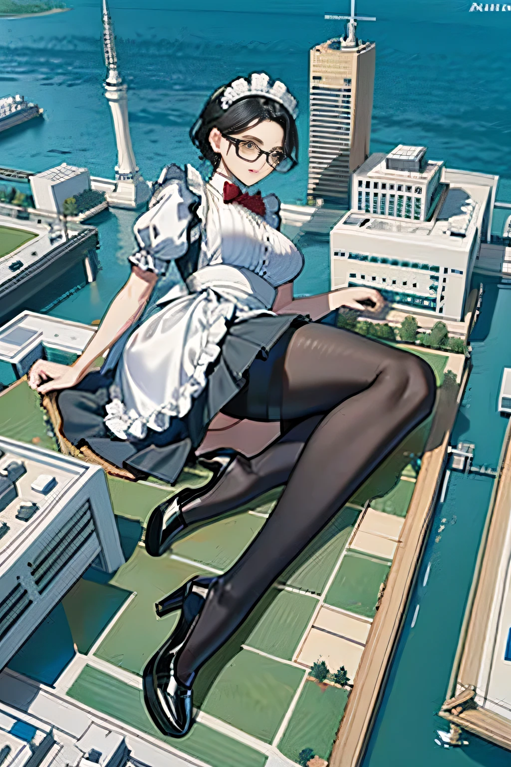 giantess art, 非常に詳細なGiantショット, Giant, short hair, black pantyhose, A maid that is much bigger than a skyscraper, wearing rimless glasses, big breasts, big butt, navy maid uniform, black pantyhose, black shoes, very small metropolis, miniature metropolis, full body description, gts, giga giantess, stomping city, crash city, tiny city, micro city, maid, a plan of a city,