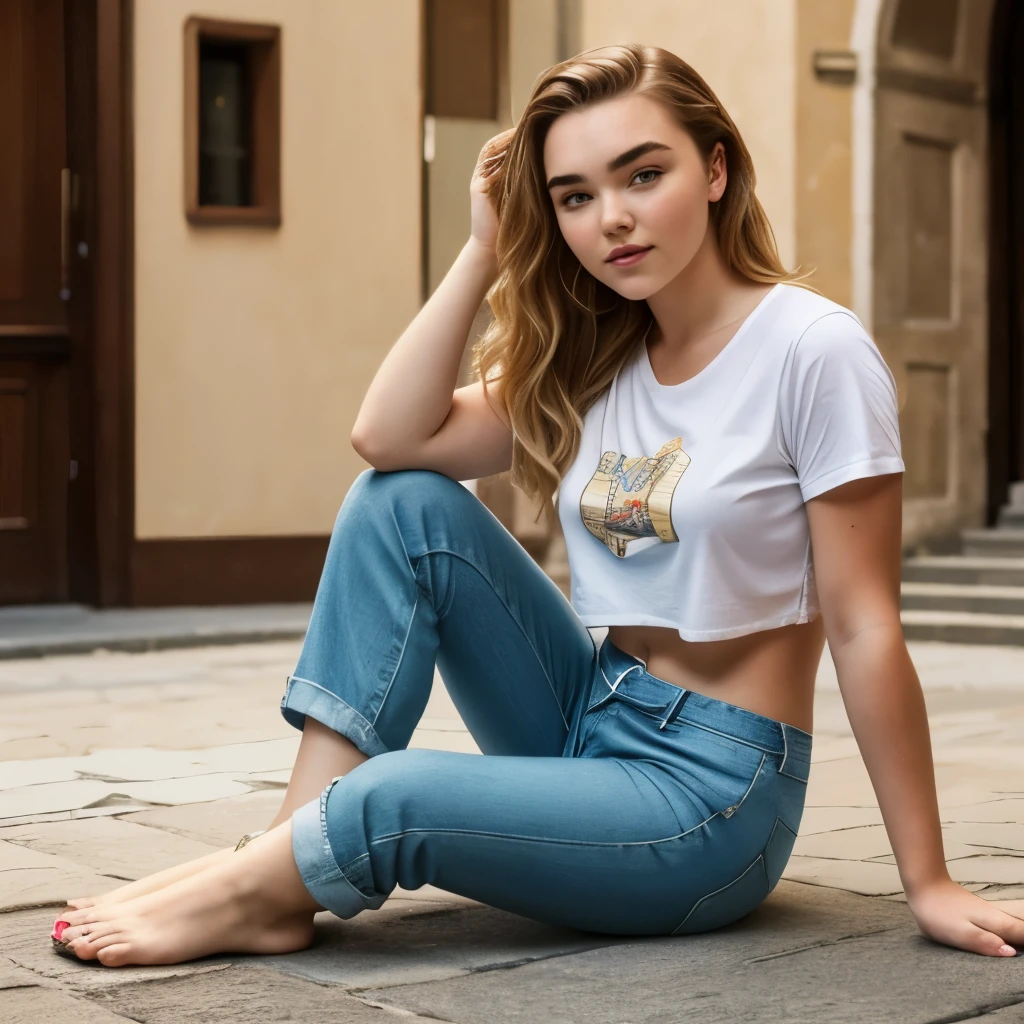 bokeh,distance shot, full view,cinematic light,DSLR,masterpiece,high detailed,florence pugh, actress, 8k, masterpiece, ultrarealistic picture, perfect details on her face, midriff, cropped tshirt, barefoot, excellent outfit view, perfect randered, perfect texture, actress florencepugh, cute smile, Wallpaper, belly, midriff, feet, no shoes, high quality, summer outfit, long pants, real life looking of the actress