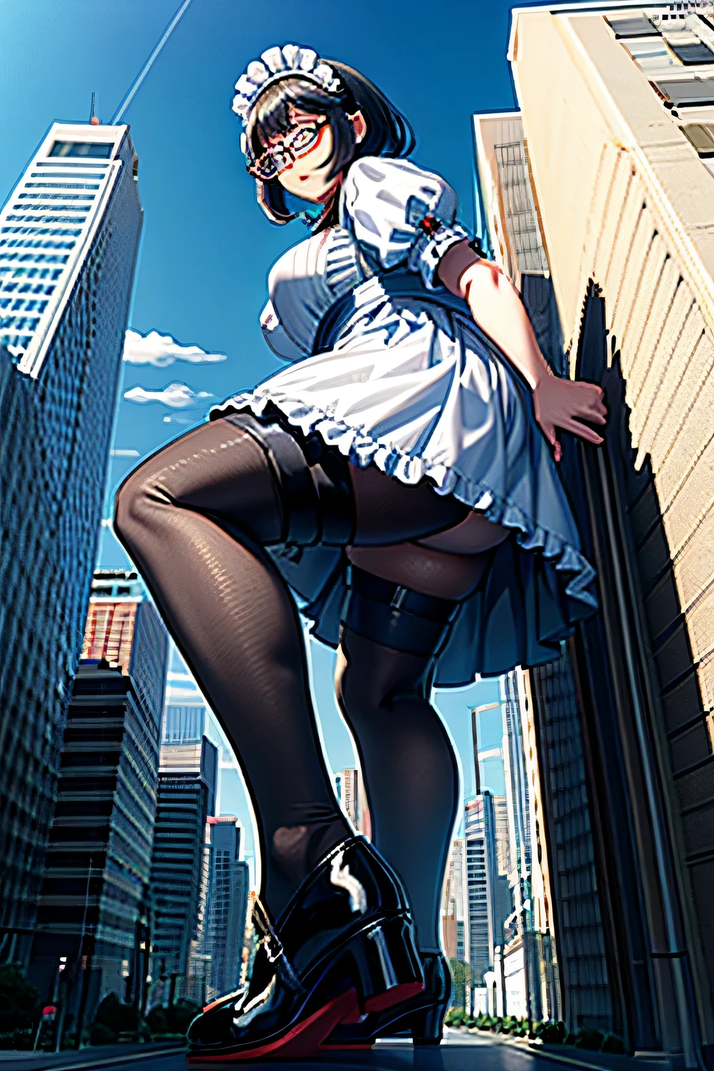 giantess art, 非常に詳細なGiantショット, Giant, short hair, black pantyhose, A maid that is much bigger than a skyscraper, wearing rimless glasses, big breasts, big butt, navy maid uniform, black pantyhose, black shoes, very small metropolis, miniature metropolis, full body description, gts, giga giantess, stomping city, crash city, tiny city, micro city, maid, a plan of a city, 