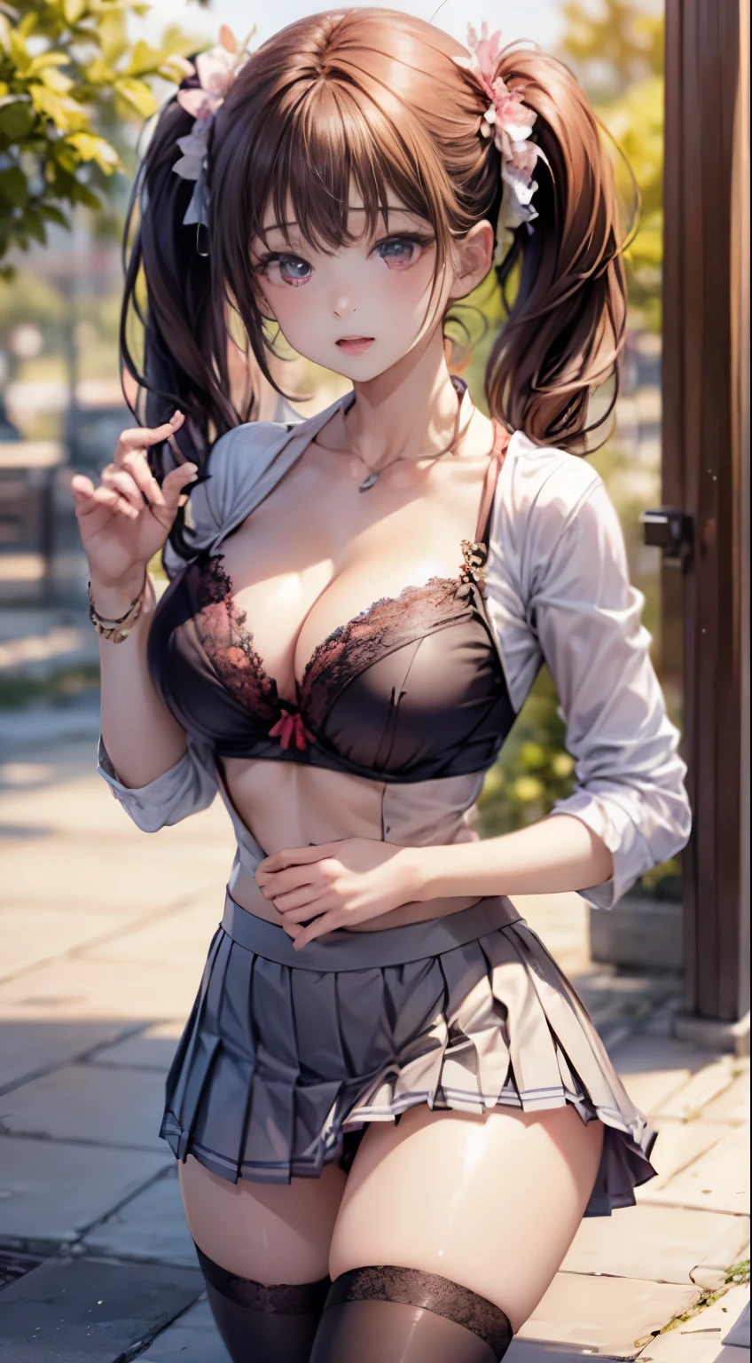 ((1 girl)), (twin tails), brown hair, wonderful face and eyes, pink eyes, (amazingly beautiful girl), brown hair, (High , pleated mini skirt:1.5), ((highest quality)), (super detailed), (very detailed CG 統合 8k 壁紙), very detailed, High resolution raw color photos, professional photography, Depth of bounds written,(Shirt opens to reveal black detailed bra:1.6)