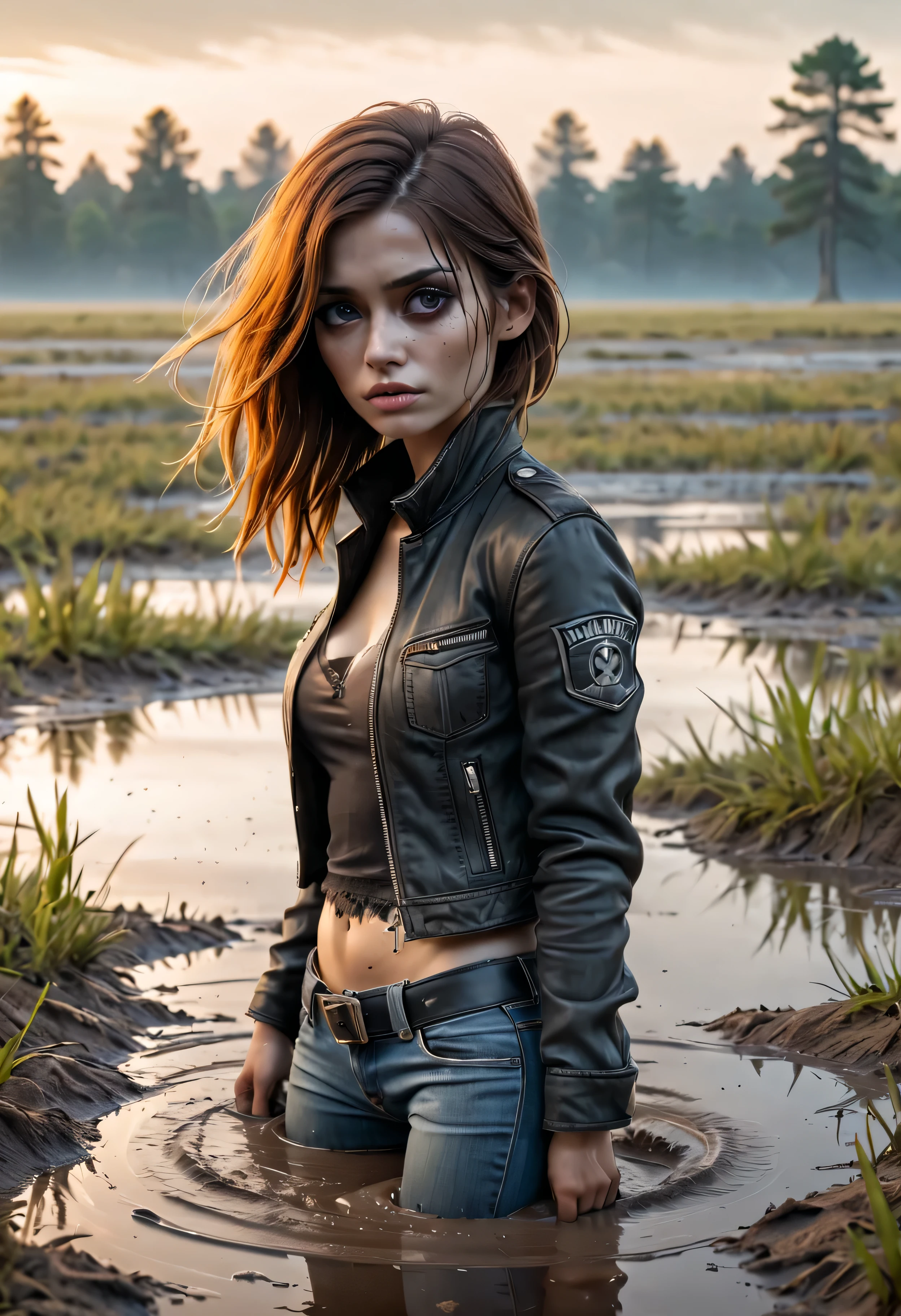 (Best Quality,4k,hight resolution,Realistic),close-uo Portrait of The sexy and vulnerable girl plunged into a deep muddy quicksand bog and waiting for her fate,her worn out jeans,turtleneck, leather biker jacket, stylish look combined with many accessories, wild and creepy nordic environment,dark and mysterious,foggy dramatic atmosphere,soft-lighting,Vivid colors,Reflection in the swamp,sunset