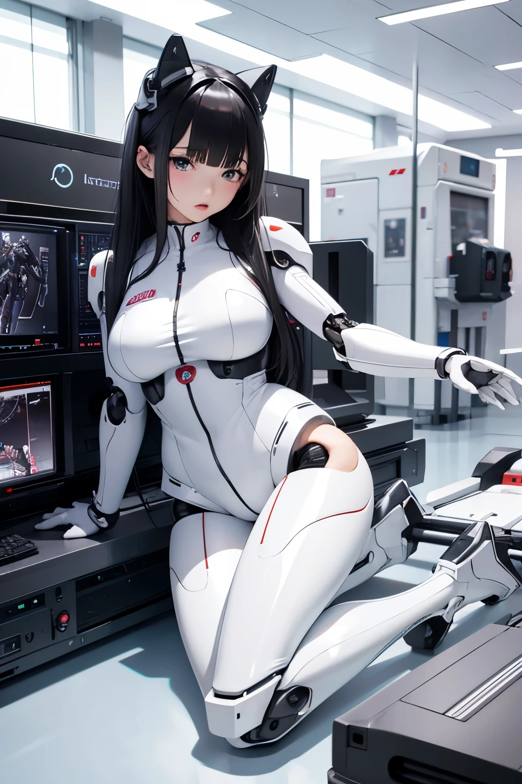 Best quality, masterpiece, ultra high res, Japaese Cyborg Girl,fullbody image ,Plump , loose boots,announcer,control panels,android,Droid,Mechanical Hand, clothes with a sense of mechanical technology, Robot arms and legs, Black Robot Parts,Black hair,Mechanical body,rompers,Blunt bangs,White abdomen,White robotics parts,perfect robot girl,ceramic body,lie down on a stretcher
