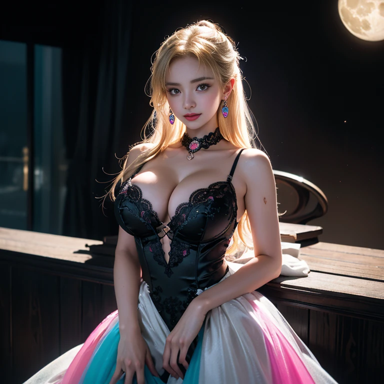 masterpiece,Highest image quality,Super details,best quality ,extremely delicate and beautiful, Very detailed,best quality, official art, Extremely detailed CG unified 8k wallpaper, Ana de Armas portrait photo, Blonde hair with black pupils,shiny skin, (beautiful eyes:1.1), beautiful skin, big watery eyes,(detailed lighting:1.2), (Beautiful and detailed light:1.3), Beautiful black maid outfit,, beautiful breast balls, The most perfect breast ball shape,firm breast balls,Deep cleavage,Naked of breast,complex, digital drawing, Smooth, sharp focus, end of the world, epic reality, (high dynamic range:1.4), (pastel colors:1.4), Revelation,Bright colors, night, screen space refraction, (intricate details, Super detailed:1.3), art station, lens, vignette, complex background, buliding,Beautiful smile,sexy dimples,sexy and sultry,Happy,The most beautiful look,Detailed moon background,Dreamcatcher earrings,The best look,Black lace hollow dress,(Hollow dress of various colors lacks color,Black,white,pink,purple,Red,blue,Orange,green,Cyan,),