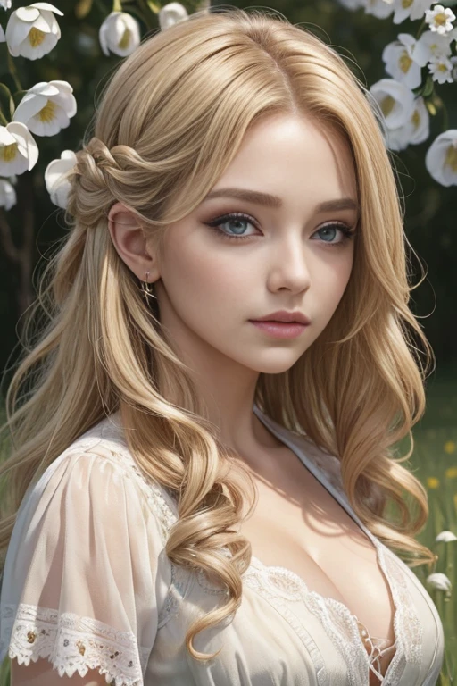 (masterpiece:1.2), (best quality:1.2), perfect eyes, perfect face, perfect lighting, 1girl, mature female in a field, medium blond hair, curly hair, detailed clothes, detailed outdoor background, makeup, eyeshadow, thick eyelashes, fantasy, looking at the viewer, spring 