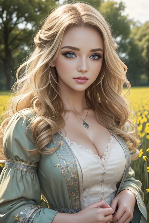 (masterpiece:1.2), (best quality:1.2), perfect eyes, perfect face, perfect lighting, 1girl, mature female in a field, medium blond hair, curly hair, detailed clothes, detailed outdoor background, makeup, eyeshadow, thick eyelashes, fantasy, looking at the viewer, spring