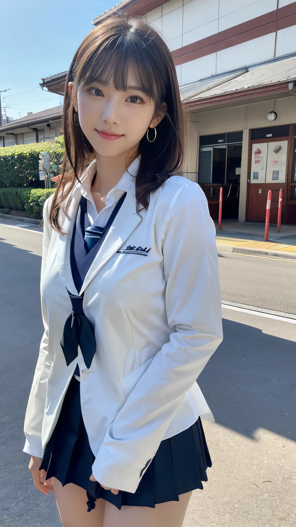 mix 4, (16k, RAW photo, best image quality, masterpiece: 1.45), (realistic, Photoreal: 1.37), one girl, cute, cityscape,, professional lighting, photon mapping, school classroom, Physically based rendering, dark brown hair,ponytail hairstyle, Beautiful well-groomed eyes、((double eyelid))、super cute girl, (((、blazer、Long-sleeved shirts worn by Japanese high school girls、ribbon tie、Navy blue super super mini skirt,、dark blue socks、black loafers))), highest quality photos, High resolution, 1080P, (clean face), (Detailed facial description), (Detailed explanation of hands), (masterpiece), (Detailed CG)、extreme light and shadow、messy hair、master work、Rich details、(detailed facial features)、(highest quality photos)、(Masseter muscle part)、(fine eyes)、look in front of you、thin clavicle、((slender and large))、(((Japanese high school girls wear long-sleeved shirts)))、((neat idol))、((school gate、schoolyard、School building in the background))、(Take photos from random viewpoints)、(((anyway that's cute)))、earrings、big smile、Draw the whole body from the knees、Don't draw thin lines、(((Sports bags used by Japan schoolgirls)))、(small breasts:1.2)、small buttocks with tension、Two arms and two legs、(((from the front:0.7)))、bare hands、(((symmetrical eyes)))、standing pose、put one's hand on the desk、Do not remove the tie from the jacket、