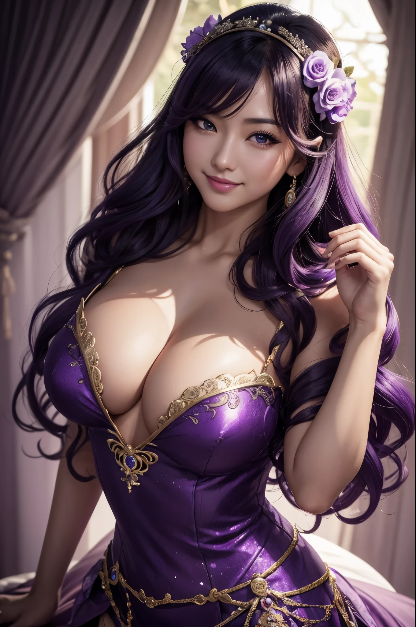 8K,All fours shown from the front,豪華な紫色のQueenのSexy衣装を着てポーズをとるアラハドの女性, 大きな胸を持つQueen,Super beautiful(Like the real thing),Sexy,bright purple curly hair,beautiful purple eyes,purple lipstick,rose flower headband,Highly detailed ArtGerm, wallop and art germ, style art germ, in the style art germ, Style Ivan Talavera and Artgerm, As seen on Art Germ, 8K high quality detailed art, ! dream art germ,Sexy衣装,turn your gaze to seduce the viewer,cool smile,Queen'elegance,fantasy art,character art,accurate heraldic work,seductive pose,emphasize cleavage,