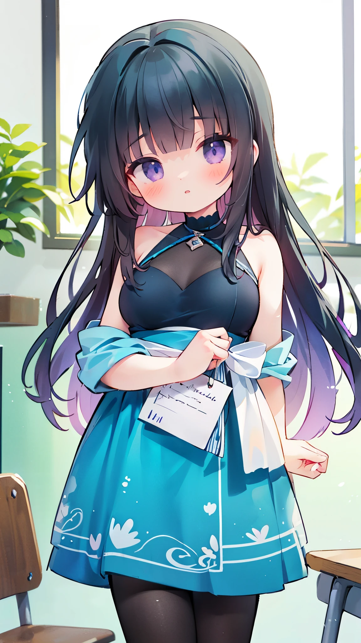 ((masterpiece, best quality)),very detailed, simple eyes,class room,1girl,(pantyhose),medium breasts,rinko shirokane , bangs, bare_shoulders, black_hair, slight worry , blue_bow, blue_dress, blue_flower, blue_rose, bow, dress, flower, hair_flower, hair_ornament, halterneck, long_hair, purple_eyes, ، (((holding a blank paper viewing it to the viewer))))