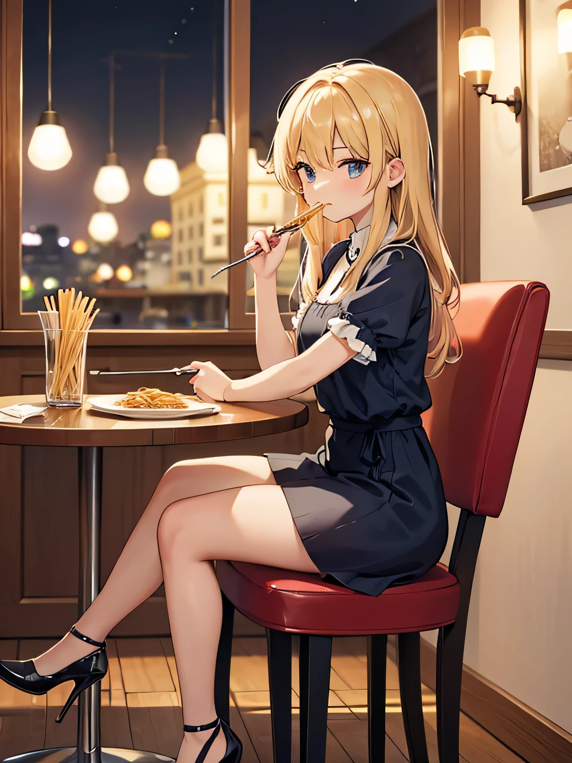 (1) A woman is sitting alone in a chair at a table, wrapping pasta around a fork to eat pasta.
(2) The woman is a customer and is wearing a short-sleeved blouse, a flared miniskirt and high heels.
(3) The fork with which she is eating pasta is held by a pencil holder.
(4) The location is a table in an Italian restaurant at night.
