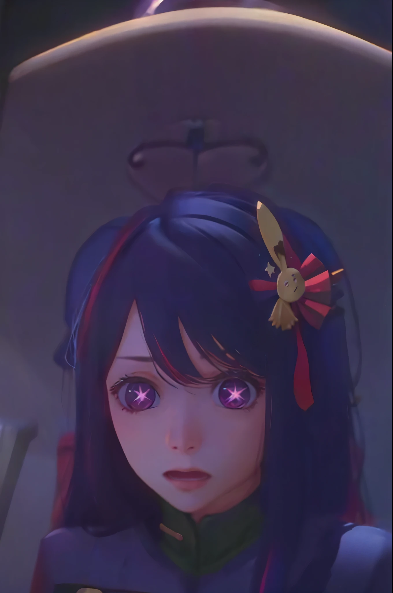 Hoshino Ai, long hair, purple hair, streaked hair ,purple eyes, star-shaped pupils, hair ornament shocked expressio ds9st uniform