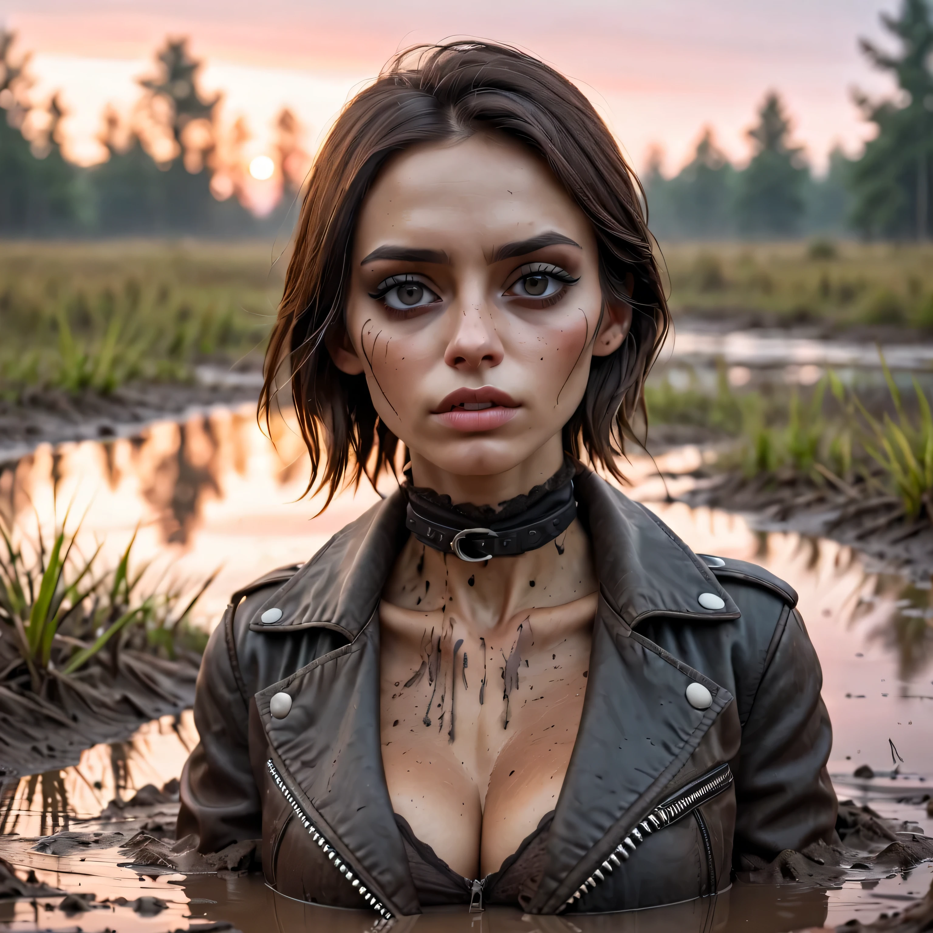 (Best Quality,4k,hight resolution,Realistic),close-uo Portrait of The sexy and vulnerable girl plunged into a deep muddy quicksand bog and waiting for her fate,her worn out jeans,turtleneck, leather biker jacket, stylish look combined with many accessories, wild and creepy nordic environment,dark and mysterious,foggy dramatic atmosphere,soft-lighting,Vivid colors,Reflection in the swamp,sunset
