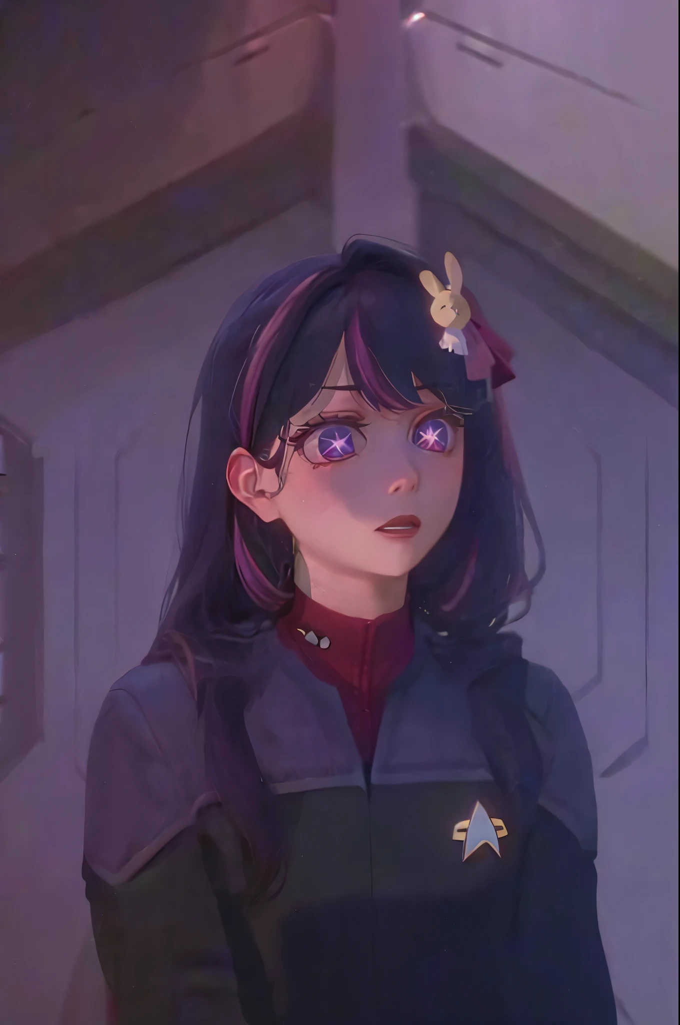 Hoshino Ai, long hair, purple hair, streaked hair ,purple eyes, star-shaped pupils, hair ornament shocked expressio ds9st uniform