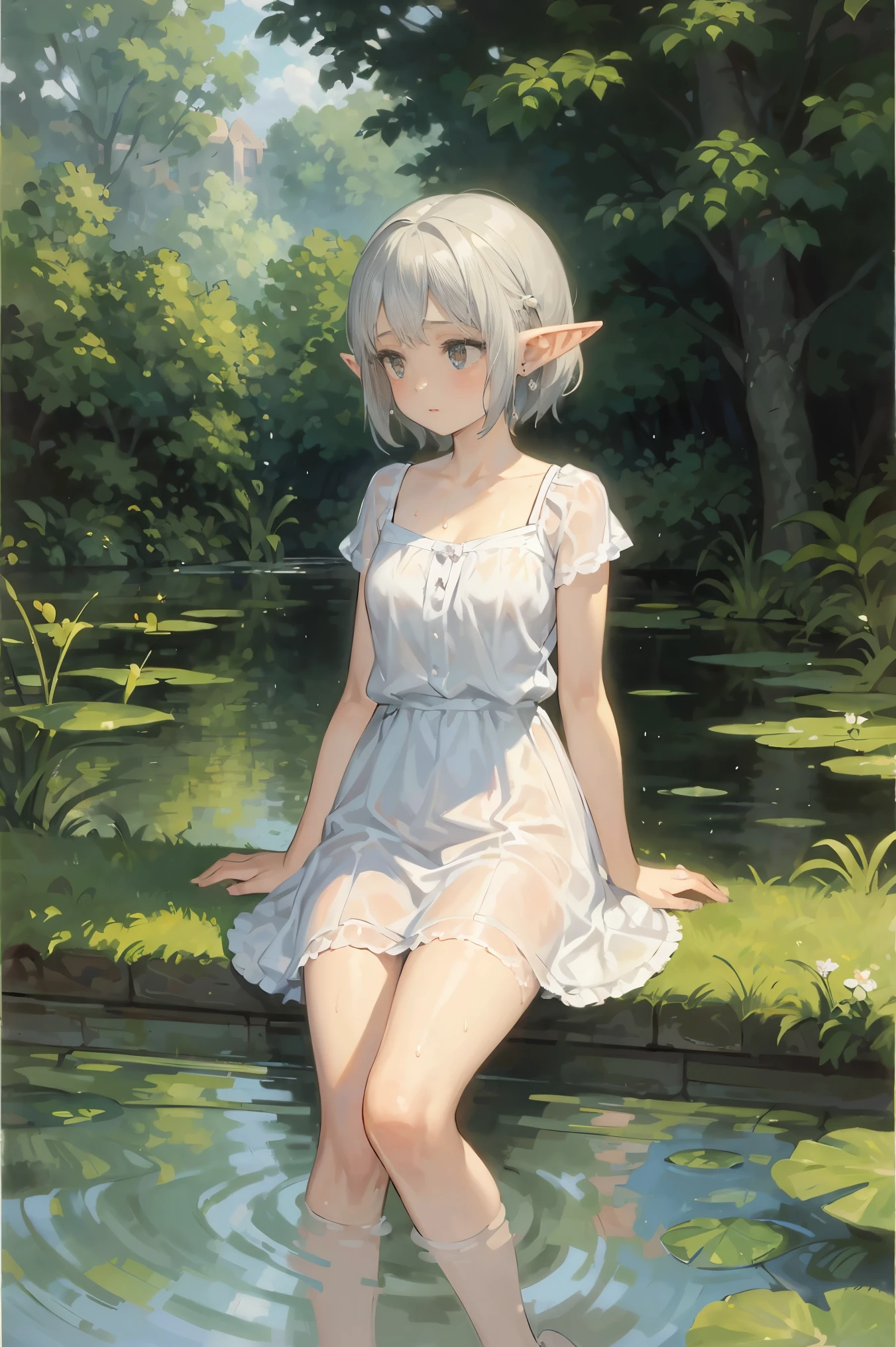 In Claude Monet style, Impressionism, 1girl, upper body focus, (white camisole dress), , full body Esbian, short silver hair, pond, wet, ((curtsey)), elf ear, nipples through, see-through