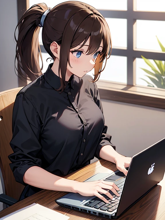 A woman with a brown ponytail operating a laptop