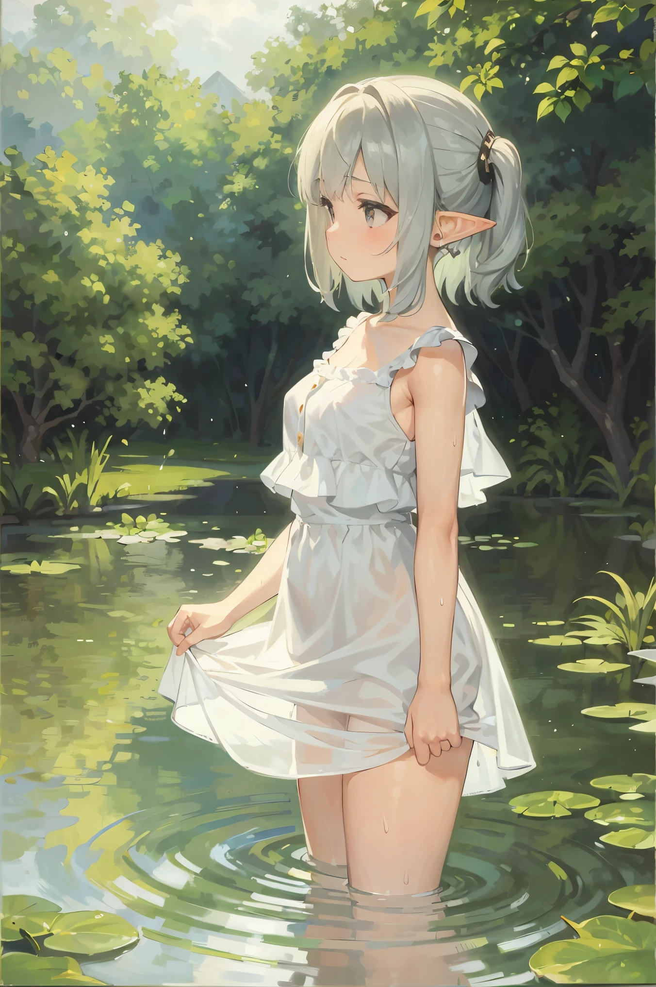 In Claude Monet style, Impressionism, 1girl, upper body focus, (white camisole dress), 14 year old, full body Esbian, short silver hair, pond, wet, ((curtsey)), elf ear, nipples through, see-through