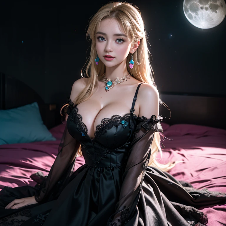 masterpiece,Highest image quality,Super details,best quality ,extremely delicate and beautiful, Very detailed,best quality, official art, Extremely detailed CG unified 8k wallpaper, Ana de Armas portrait photo, Blonde hair with black pupils,shiny skin, (beautiful eyes:1.1), beautiful skin, big watery eyes,(detailed lighting:1.2), (Beautiful and detailed light:1.3), Beautiful black maid outfit,, beautiful breast balls, The most perfect breast ball shape,firm breast balls,Deep cleavage,Naked of breast,complex, digital drawing, Smooth, sharp focus, end of the world, epic reality, (high dynamic range:1.4), (pastel colors:1.4), Revelation,Bright colors, night, screen space refraction, (intricate details, Super detailed:1.3), art station, lens, vignette, complex background, buliding,Beautiful smile,sexy dimples,sexy and sultry,Happy,The most beautiful look,Detailed moon background,Dreamcatcher earrings,The best look,Black lace hollow dress,(Hollow dress of various colors lacks color,Black,white,pink,purple,Red,blue,Orange,green,Cyan,),