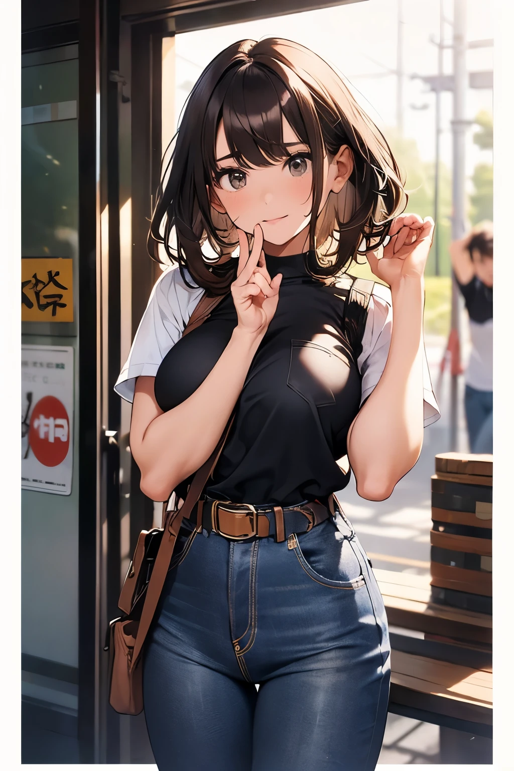 brown hair、looking at the viewer suspenders Bulging big breasts jeans boots Gaze small face bangs Beauty hands up Gaze 黒いboots provocation armpit sweat one person put your hands behind your back cutter shirt Black belt