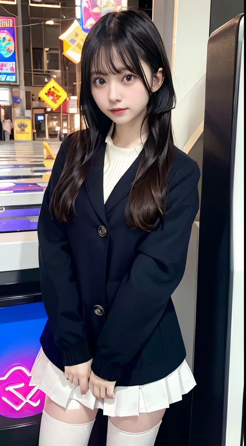 smile,(masterpiece, best quality), super high resolution, (Top Quality photorealistic), (Super Definition),  (high Saturation:1.2), detailed beautiful face and eyes, very detailed background, dynamic lighting, (an extremely delicate and beautiful), nice hands, perfect hands, (appropriate posture), (appropriate configuration), ideal ratio body proportions,
((1girl)), solo, stand, (open stance:1.3), spread arms, close-up upper body, (from below), in the game center, arcade game machine, claw crane machine, neon lighting, colorful lighting, beautiful lighting,
BREAK
cute girl, 18 years old, beautiful detailed blue eyes, (black medium bob hair:1.2), medium breasts, (expressionless), parted lips, (looking afar:1.3), floating hair,
long scarf, (white duffel coat:1.2), pleated skirt, (white thighhighs) ,