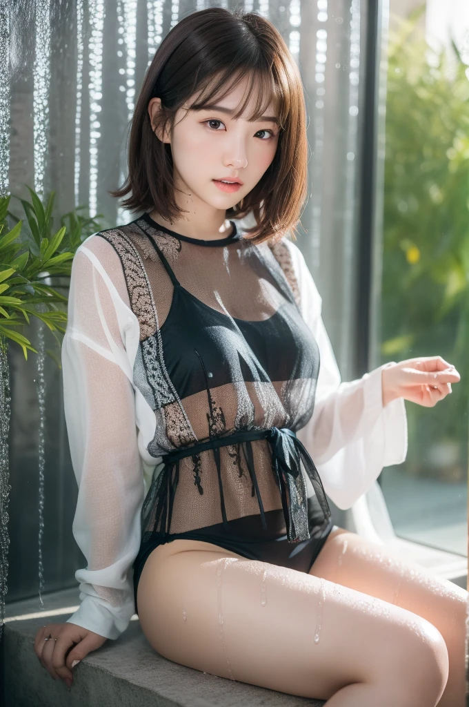 16-year-old girl、Very thin fabric、Men's shirts、Panties、no-bra、((Covered with water and drenched))、Areolas are see-through through the shirt、natural soft light、top-quality、​masterpiece、ulzzang-6500-v1.1, (Raw foto:1.2), (Photorealsitic:1.4)、extremely delicate and beautiful、extremely details CG、Unity、8k wallpaper、astonishing、finely detail、​masterpiece、top-quality、the Extremely Detailed CG Unity 8K Wallpapers、absurderes、incredibly absurdness、huge filesize、ultra-detailliert、hight resolution、ighly detailed、a beautiful detailed girl、extremely detailed eye and face、beatiful detailed eyes、(RAW Photography、top-quality)、(realisitic、Photorealsitic:1.3)、 Light on the face、((Layered Haircut、The large:1.2))、