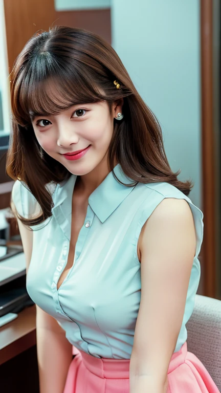 master piece, 8k, detailed ,best quality, detailed, all detailed, extremely,photorealistic,
Very beautiful, very pretty face, famous idol, not wearing clothes, cute hair, with bangs, long hair, wavy hair,E cup, 20’s,crotch visible, gravure idol, bust up, Small frills, nipples visible,bra transparent, Pastel color,bashful smile,put one hand on your head,lick penis,Office lady, blouse exposed, skirt pulled up