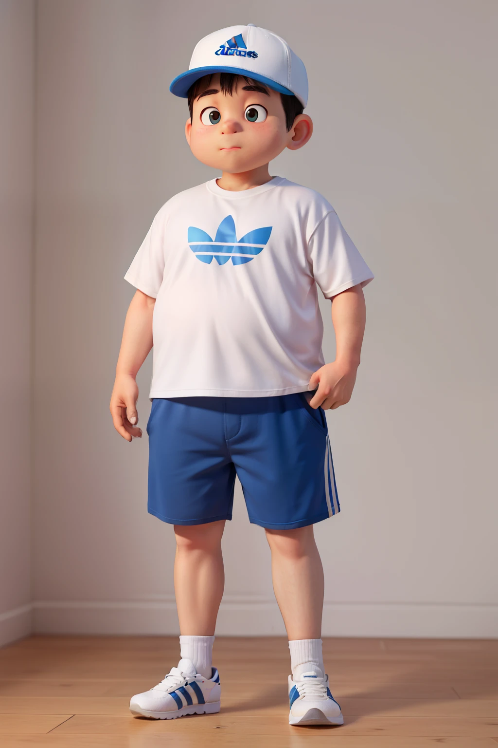 Adidas original T-shirt、Baseball cap chubby single layer short pants、A cute boy