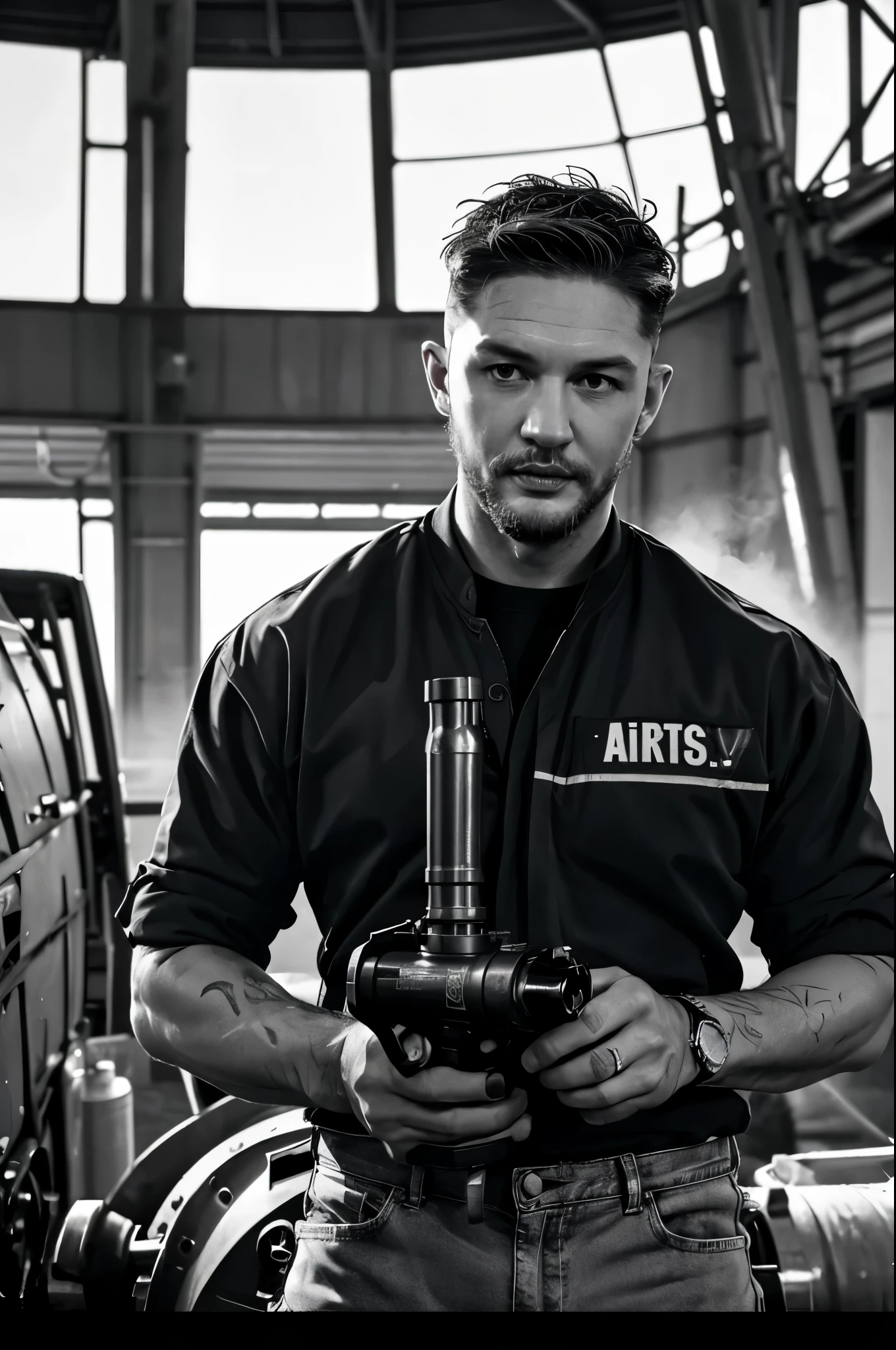 (Black and white photos), (actor Tom Hardy repairing an airplane engine), (holding a super large air gun Pneumatic Runner: 1.34), (face with oil stains), his fair and smooth skin is flawless, his eyes are deep, his chin and face are smooth, his muscles are well-developed, he doesn't have a top, and his lower body is wearing jeans. (Round inch hairstyle: 1.34), actor Tom Hardy, actor Tom Hardy, his decisive style, Sharp focus,
Movie lighting, background: airport repair workshop,