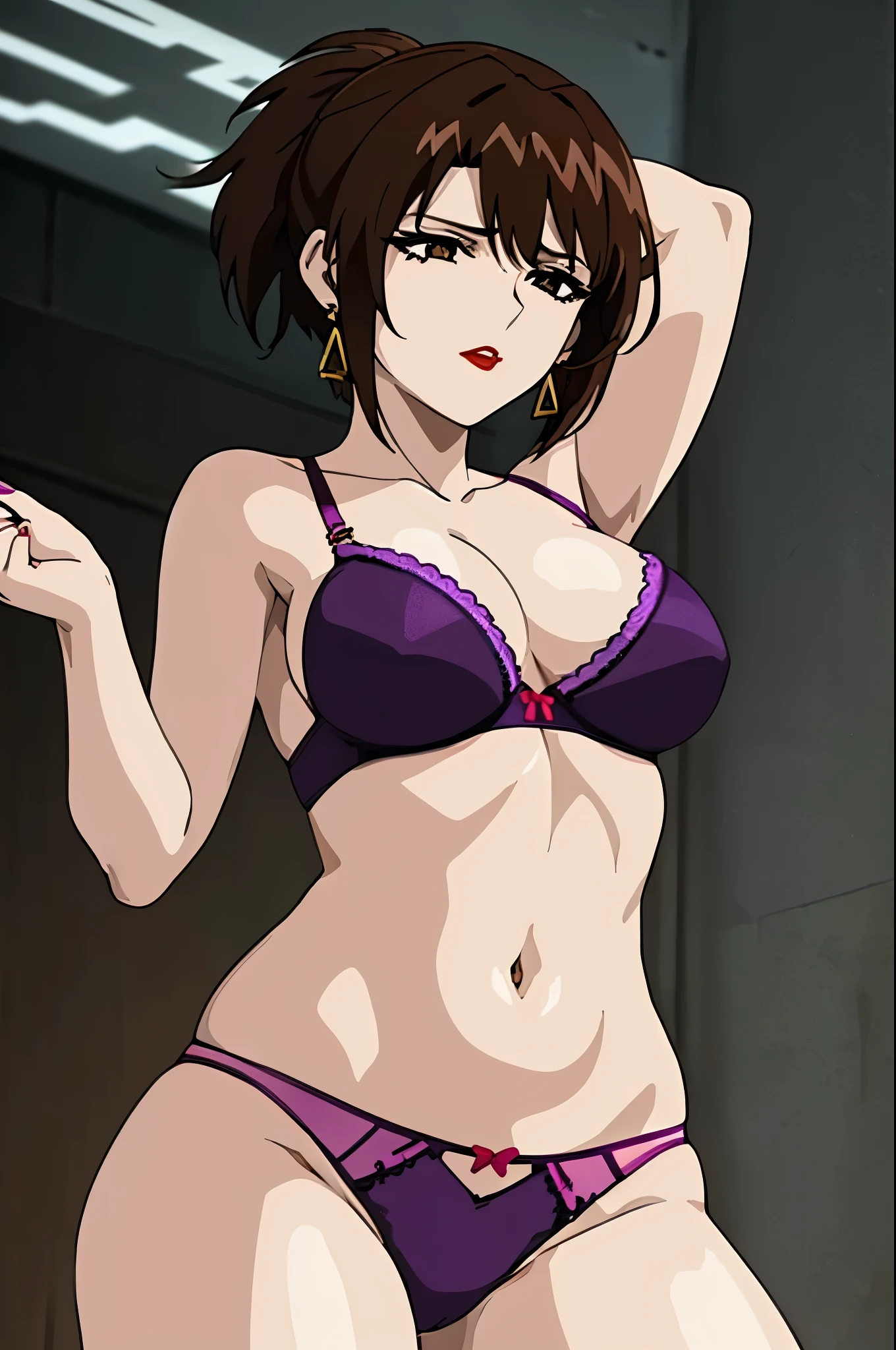 1women,solo,beautiful anime women,
((dark brown eyes,eyeshadow,brown hair, short hair, folded ponytail, red lipstick)),earrings, jewelry,((purple race bra,panties,))Standing in honor,dynamic pose	