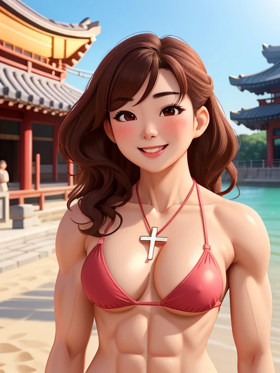 attractive korean woman, ripped muscle, muscular body, small breast, pale skin, smile(blush), slutty bikini, cross necklace, sixpack abs, [ultra detailed skin:1.2], brown hair, wavy hair, 8k uhd, pussy, full body, crowd, public, temple, standing,