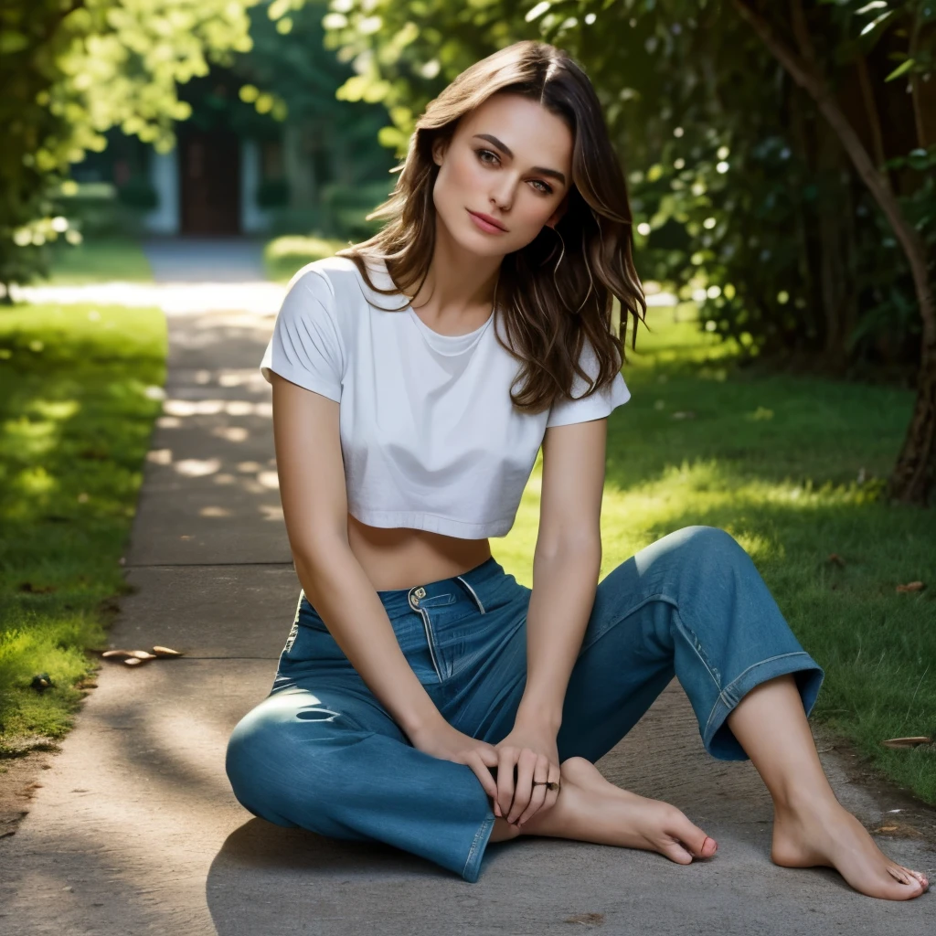 bokeh,distance shot, full view,cinematic light,DSLR,masterpiece,high detailed, Keira Knightley actress, 8k, masterpiece, ultrarealistic picture, perfect details on her face, midriff, cropped tshirt, barefoot, excellent outfit view, perfect randered, perfect texture, actress keiraknightley, cute smile, Wallpaper, belly, midriff, feet, no shoes, high quality, summer outfit, long pants, real life looking of the actress, feet, background: Park
